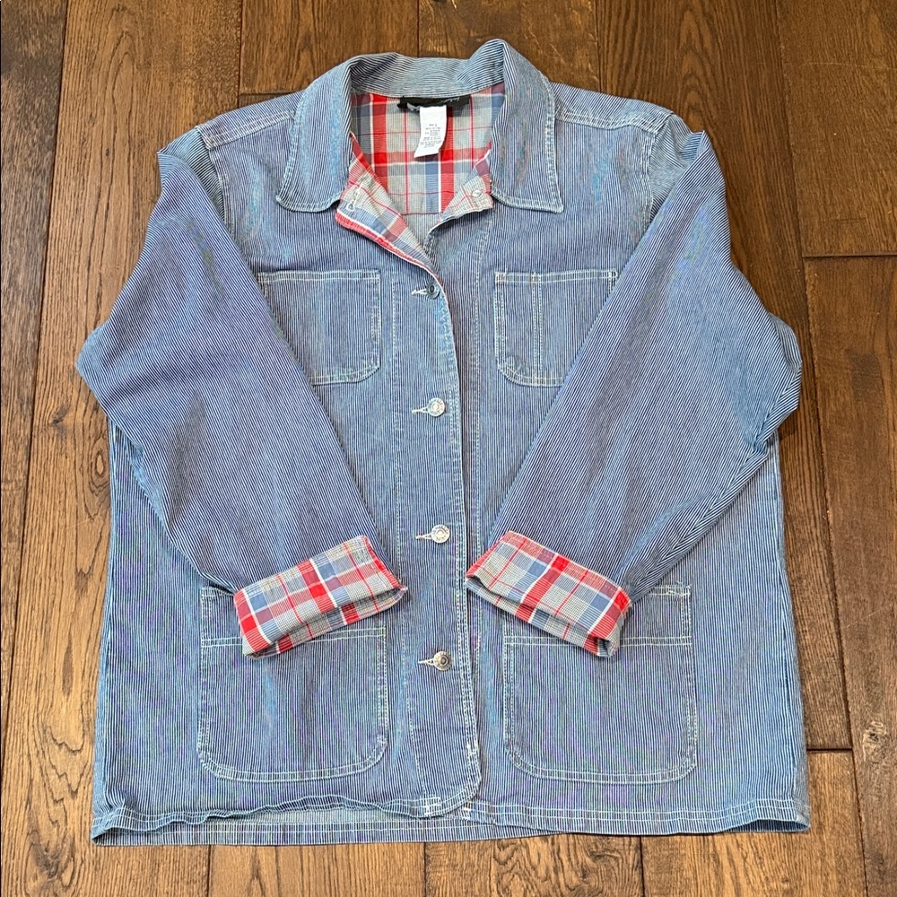 Sag Harbor Denim Barn Jacket with Pink/Blue Plaid Fold-up cuffs, size Large